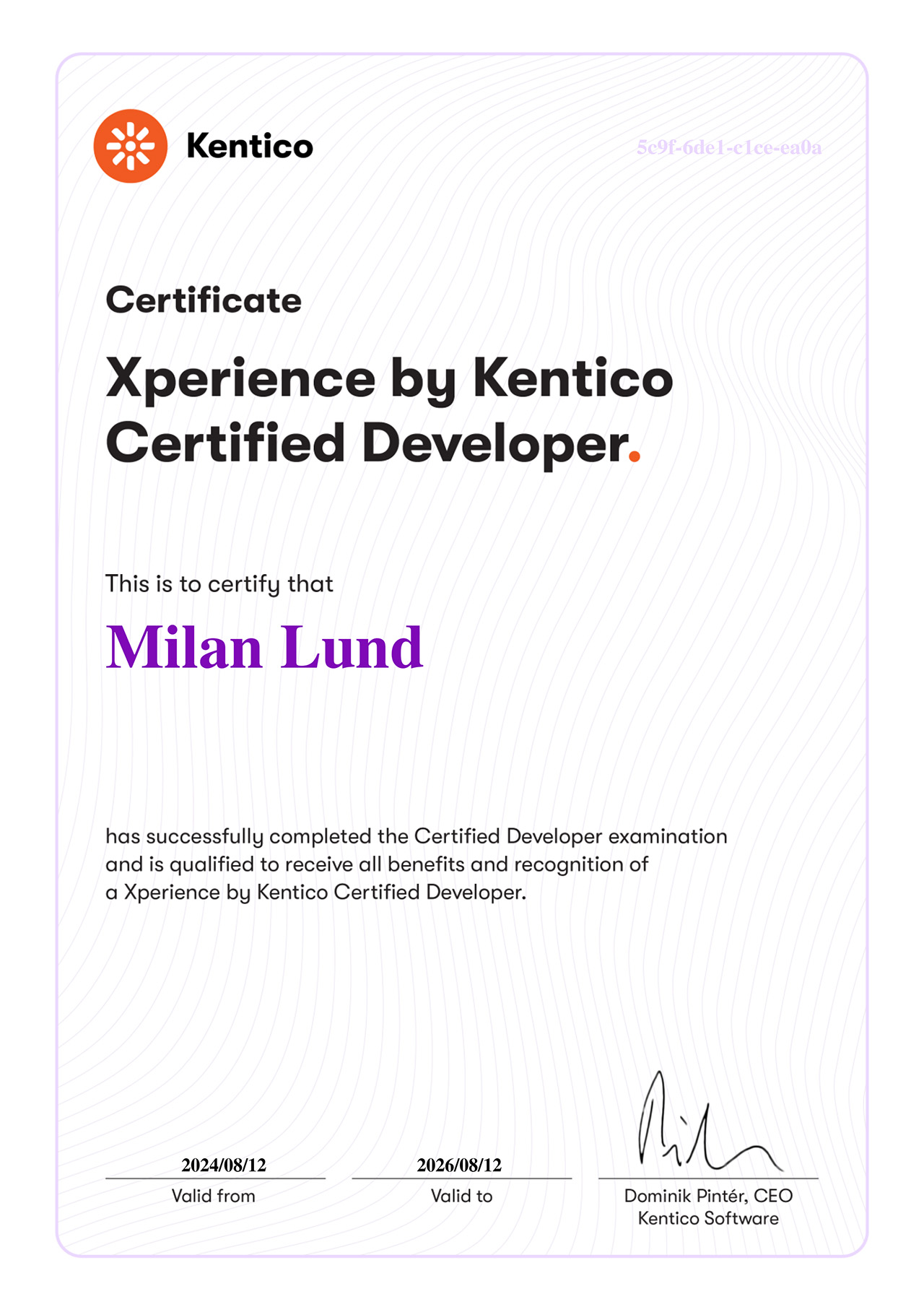 Milan Lund, Xperience by Kentico Certified Developer