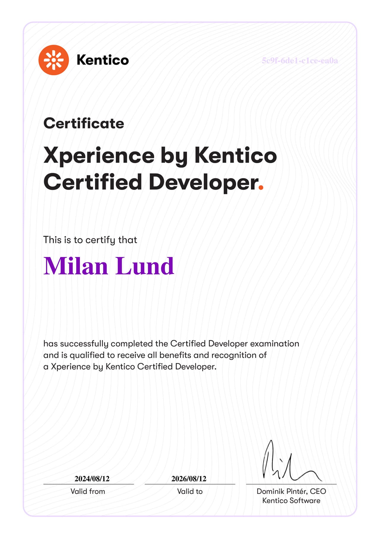 Milan Lund, Xperience by Kentico Certified Developer